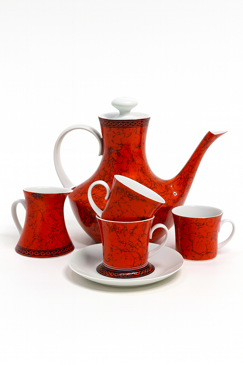 Vintage Block Bidasoa Flamenco Red & Black Porcelain Tea/Coffee Set – Made in Spain (1960s–1970s)