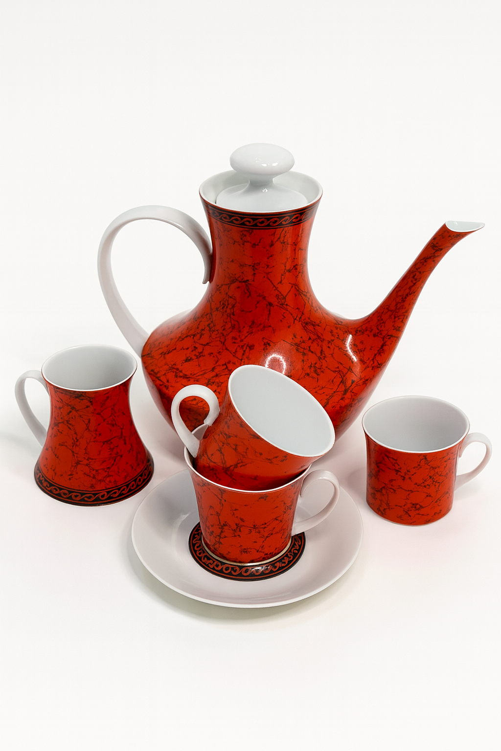Vintage Block Bidasoa Flamenco Red & Black Porcelain Tea/Coffee Set – Made in Spain (1960s–1970s)